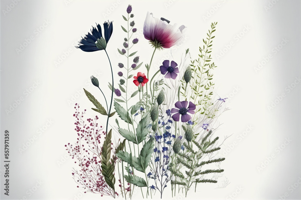 Illustration of isolated wild flowers in vintage style, created with generative ai technology