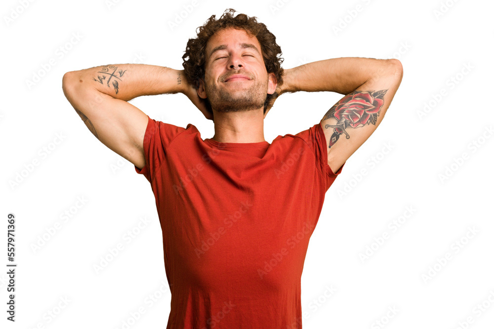 Young curly smart caucasian man cut out isolated feeling confident, with hands behind the head. Young curly smart caucasian man cut out isolated feeling confident, with hands behind the head.