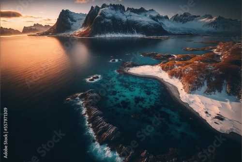 a beautiful view of a mountain range and a body of water with a snow covered shore and a few snow covered mountains.