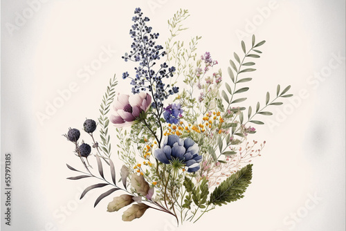 Illustration of isolated wild flowers in vintage style, created with generative ai technology