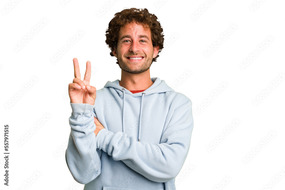 Young curly smart caucasian man cut out isolated showing number two with fingers. Young curly smart caucasian man cut out isolated showing number two with fingers.