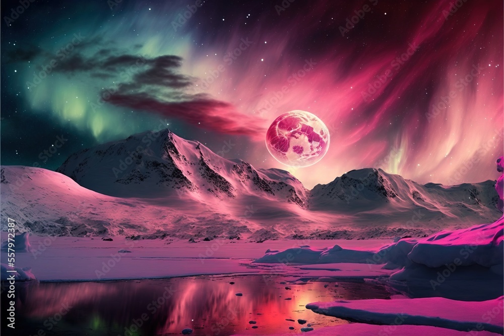 a painting of a mountain range with a full moon and a pink sky with stars and clouds and a lake in the foreground.