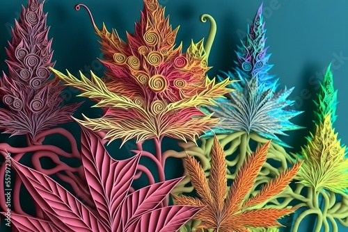 Colorful marijuana leaves on turquoise background. Art. Deco style. Generative AI illustration. Creative digital drug art. set Cannabis or ganja leaf multi-colored wallpaper.