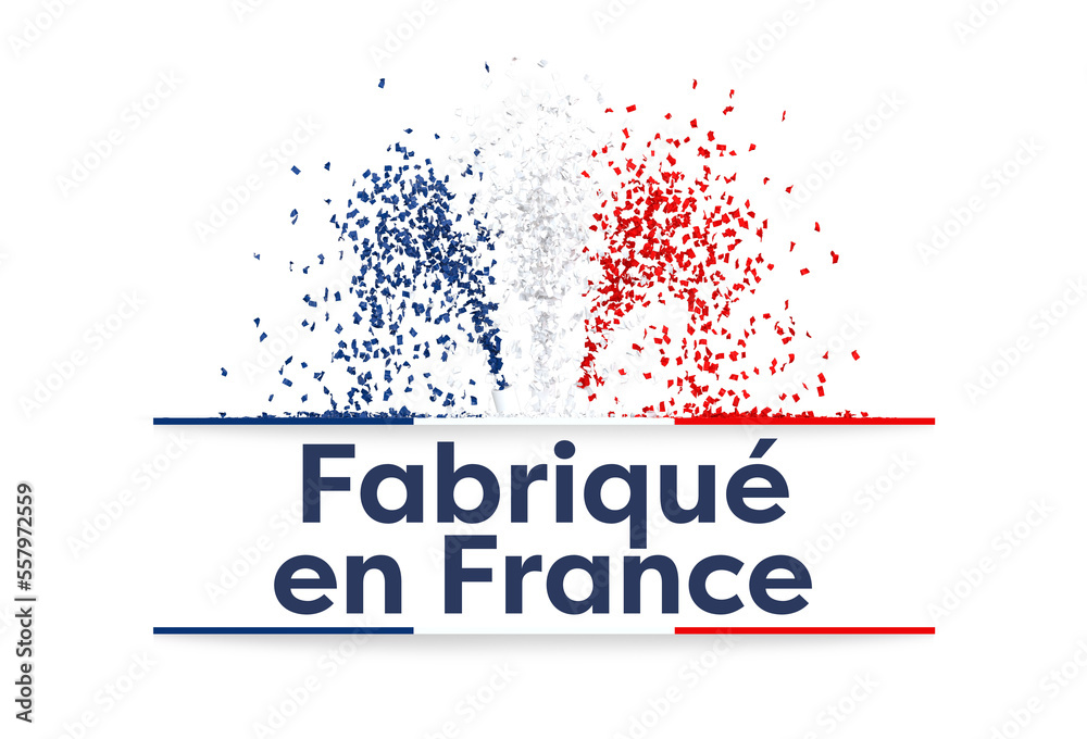 Logo fabriqué en France avec des confettis bleus, blanc et rouge - Fond transparent - rendu 3D Logo fabriqué en France avec des confettis bleus, blanc et rouge - Fond transparent - rendu 3D