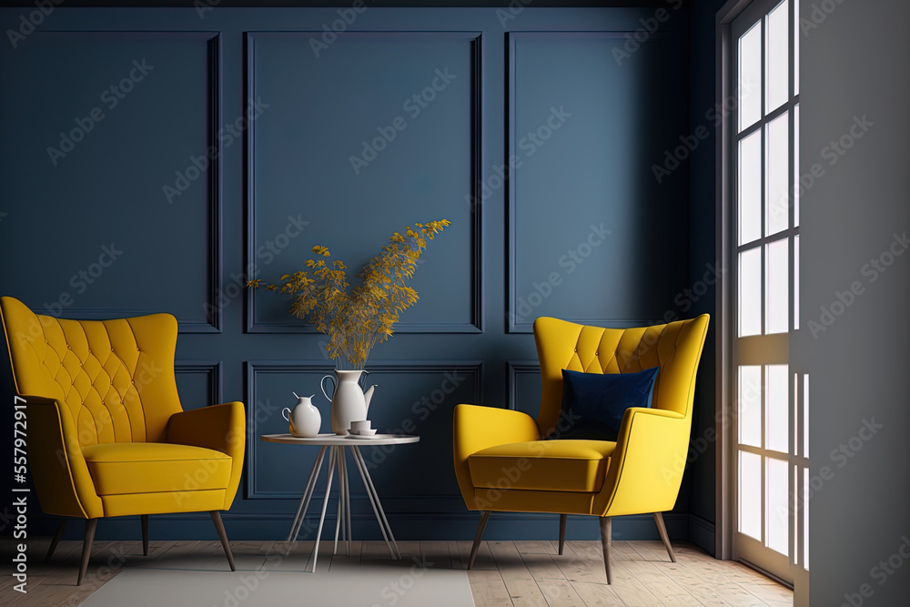 Fototapeta premium Blueprint house design concept, yellow armchairs, a wood table, a blue wall, and hardwood floors, Modern Vintage interior of a living room. Generative AI