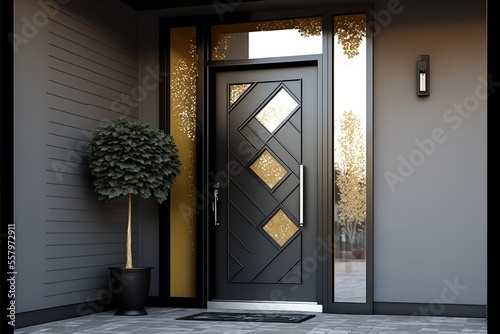 Glass entrance door with side lighting and wall section modern style dark, interior