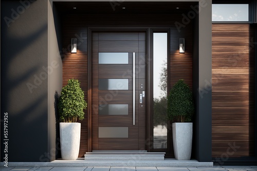 Print op canvas Glass entrance door with side lighting and wall section modern style dark, inter