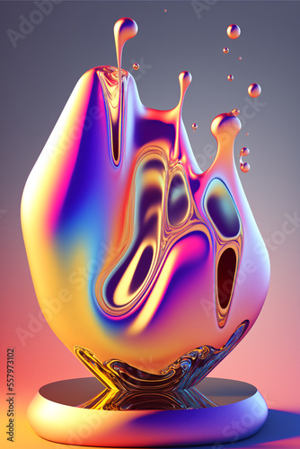 Colorful 3d fluid shape holographic gradient, lava blobs, geometric fluid blob art, dispersion effect glass 3d rendering, generative art