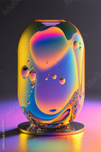 Colorful 3d fluid shape holographic gradient, y2k lava lamp with base, geometric fluid blob art, dispersion effect glass 3d rendering, generative art