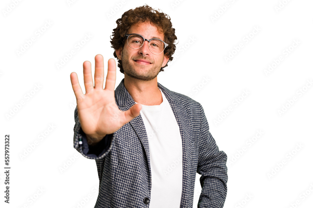 Young curly smart caucasian man cut out isolated smiling cheerful showing number five with fingers. Young curly smart caucasian man cut out isolated smiling cheerful showing number five with fingers.