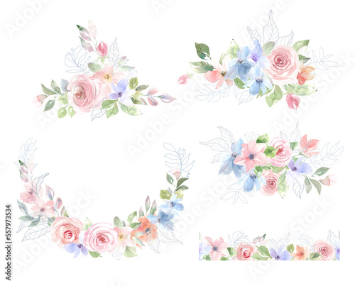 Fototapeta Naklejka Na Ścianę i Meble -  Bohemian, delicate wreaths and frames of hand-drawn pink and blue flowers. Light, delicate roses. Bouquets of watercolor and line flowers. Wedding invitation, holiday cards