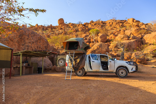 Typical 4x4 rental car in Namibia at the campground. Mowani, Damaraland, Namibia.