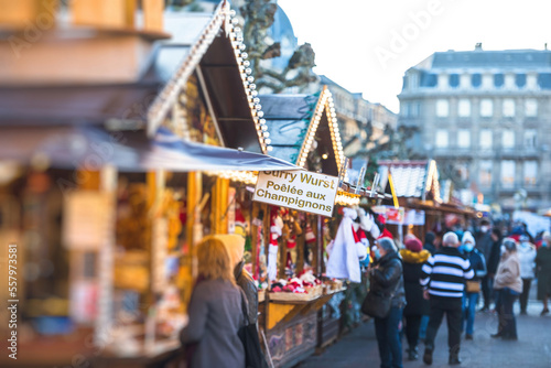 Silhouettes of people at annual Christmas market in central Strasbourg Europe Alsace France