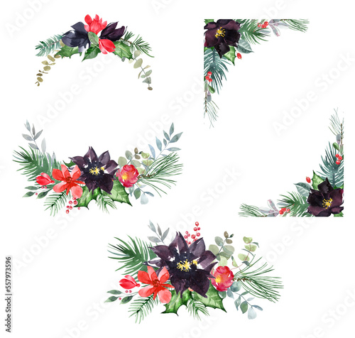 Watercolor, hand-drawn wreaths, bouquets and borders of burgundy and red flowers, pine branches and green foliage. Dark flowers for holiday cards, wedding invitations, scrapbooking, burgundy red
