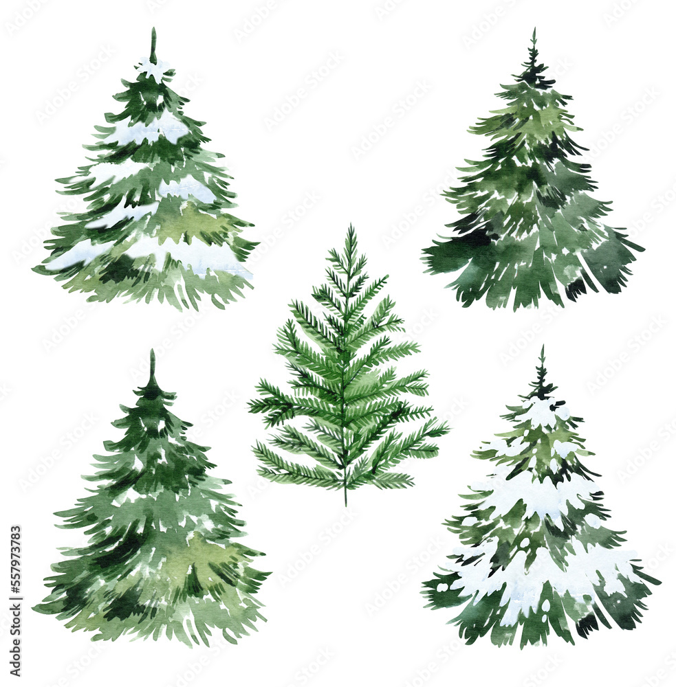 Hand drawn watercolor Christmas trees with toys, garlands and snowflakes. Holiday cards, forest trees, evergreens. Festive mood. For cards, posters, invitations, scrapbooking