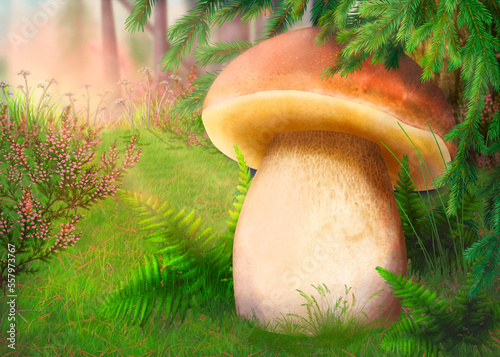 Drawing of a beautiful mushroom in the forest