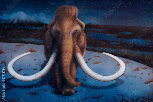 A lonely mammoth walks at night