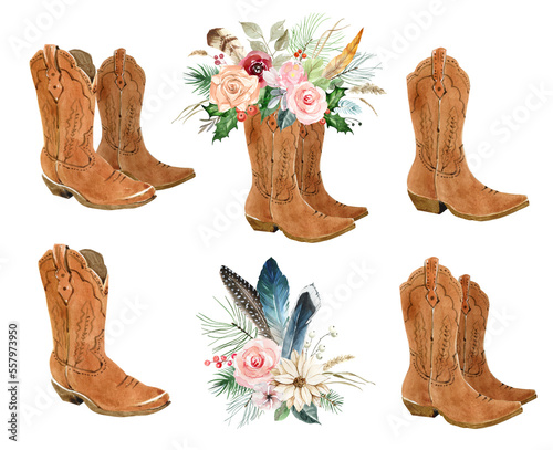 Watercolor compositions of flowers and shoes. Cowboy boots with a bouquet of flowers and feathers. Cowboy boots, rubber boots, leather boots with flowers for cards, posters and stickers photo