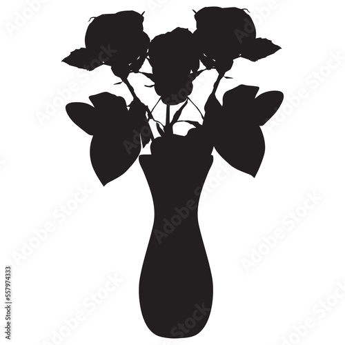 Rose flowers bouquet in vase black silhouette, vector illustration