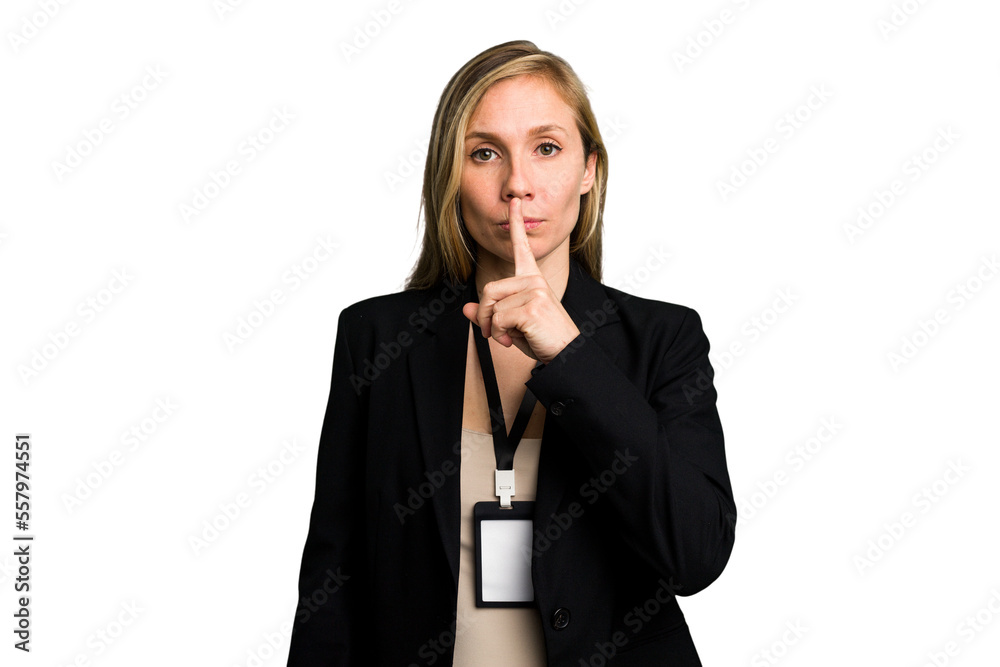 Young caucasian business woman with ID card isolated keeping a secret or asking for silence. Young caucasian business woman with ID card isolated keeping a secret or asking for silence.