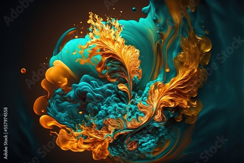 a colorful abstract painting with a black background and a blue and yellow swirl on the bottom of the image.