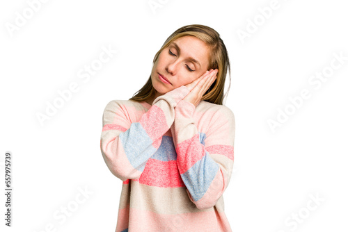 Young caucasian woman cutout isolated yawning showing a tired gesture covering mouth with hand.
