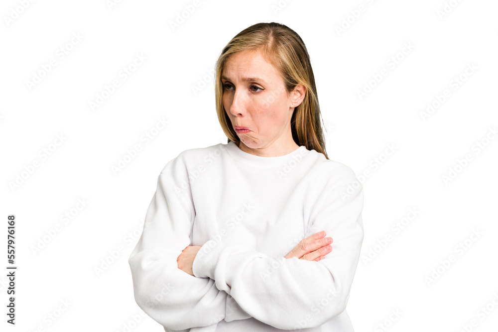 Young caucasian woman cutout isolated tired of a repetitive task. Young caucasian woman cutout isolated tired of a repetitive task.