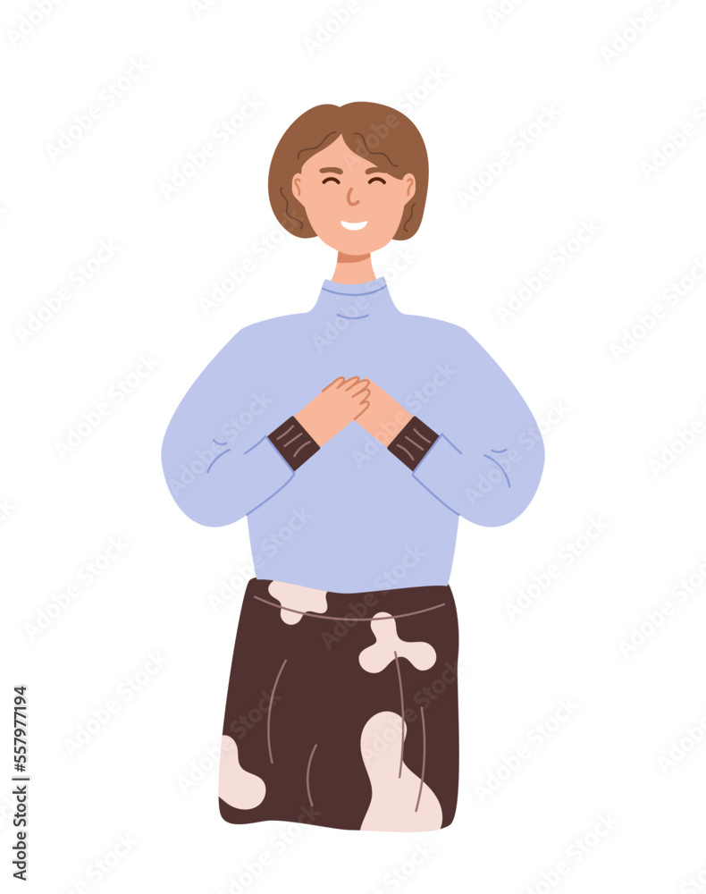 Happy Young woman on white background. Flat female character for presentation. Stylish person in trendy outfit, clothes. Flat vector illustration isolated on white background Happy Young woman on white background. Flat female character for presentation. Stylish person in trendy outfit, clothes. Flat vector illustration isolated on white background