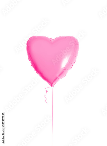 One big pink heart shaped balloon with ribbon isolated on a white background. Beautiful birthday party gift. Floating object. Inflatable ball by helium gas. Valentines day gift. Love symbol. Girlish