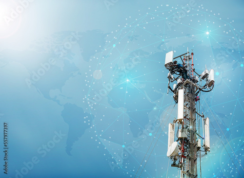 workers are working at 5G-6G antenna tower for maintaining.serves cellular antenna, technician worker repair telecommunication tower TV antennas wireless technology, Global connection. photo