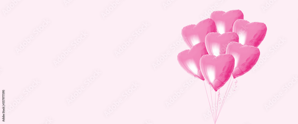 Bunch of beautiful light pink heart shaped balloons with ribbon isolated on a pink background. Valentines day. Love symbol. Birthday party. Business card. Gift certificate. Greeting card. 7 Seven