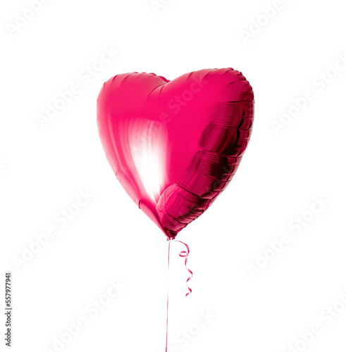 One beautiful big pink heart shaped balloon with ribbon isolated on a white background. Beautiful birthday party gift. Floating object. Inflatable ball by helium gas. Valentines day gift. Love symbol