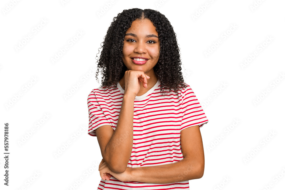 Young african american woman with curly hair cut out isolated smiling happy and confident, touching chin with hand. Young african american woman with curly hair cut out isolated smiling happy and confident, touching chin with hand.