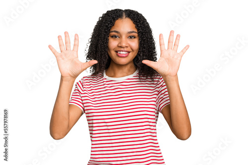 Young african american woman with curly hair cut out isolated showing number ten with hands.