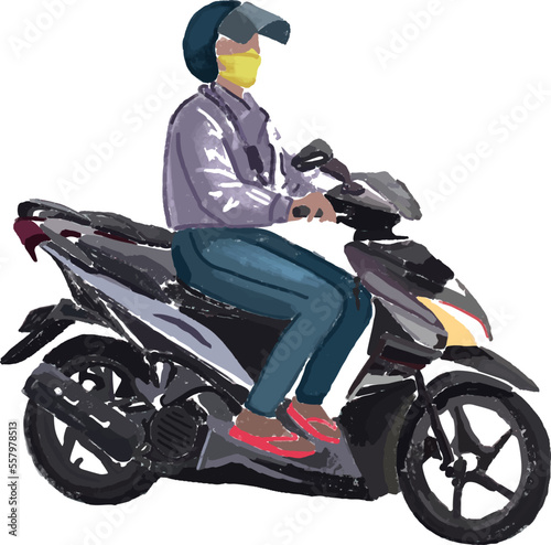 Colourful illustration of biker on a motorbike in a mask and helmet. Vector illustration