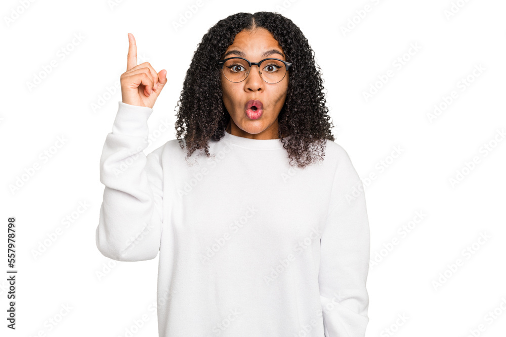 Young african american woman with curly hair cut out isolated having some great idea, concept of creativity. Young african american woman with curly hair cut out isolated having some great idea, concept of creativity.