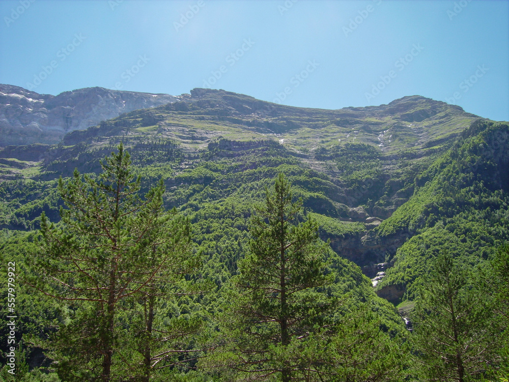 mountainous landscape of the Spanish Pyrenees. lots of green vegetation and high mountains.