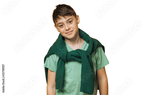 Cute handsome Italian boy dressed in casual over transparent background looking smartly. Stylish teen concept. Smart caucasian schoolboy looks at camera. American kid cute smiles. Youth, childhood. photo