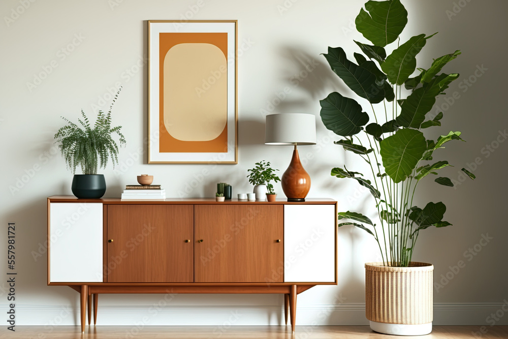 Interior of a mid century modern credenza table with a plant on the
