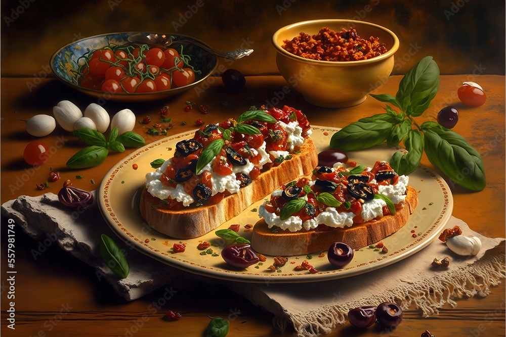 Fototapeta premium a painting of a plate of food on a table with a bowl of beans and a bowl of tomatoes and a bowl of beans and a bowl of tomatoes on the table cloth with a cloth on the table cloth with a cloth and a.