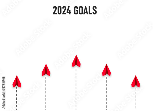 red planes are flying towards goals 2024. business creativity, innovation technology, group work, reaching a target idea. new year concept.