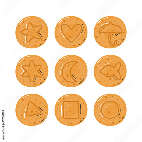 Dalgona sponge candies collection isolated on white. Korean ppopgi sugar honeycomb set. Asian retro dessert with melted sugar and baking soda. Popular street snack hand drawn flat vector illustration