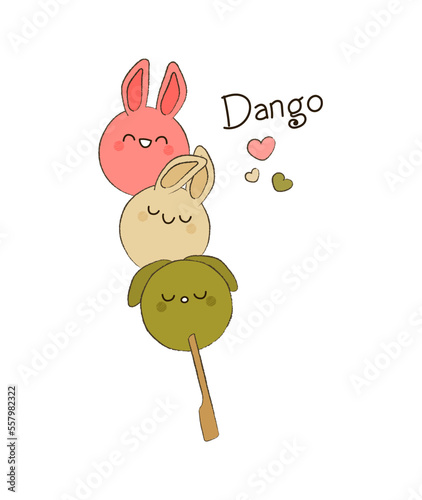 Kawaii dango characters on stick vector illustration. Hanami dango traditional Japanese dessert. Animal shaped rice dumplings with bunny ears