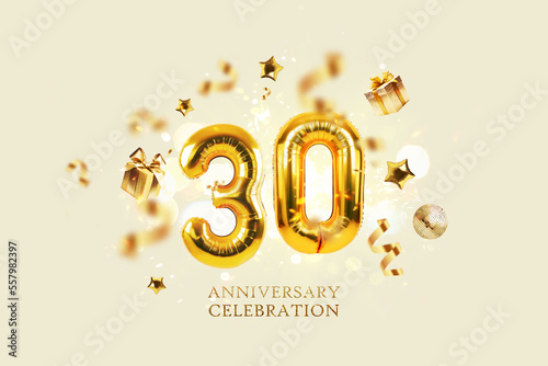Gold Balloons 30 with golden gifts, confetti, stars and a mirrored balloon on a beige background with sparkles and bokeh lights. Anniversary of thirty years celebration, creative idea.