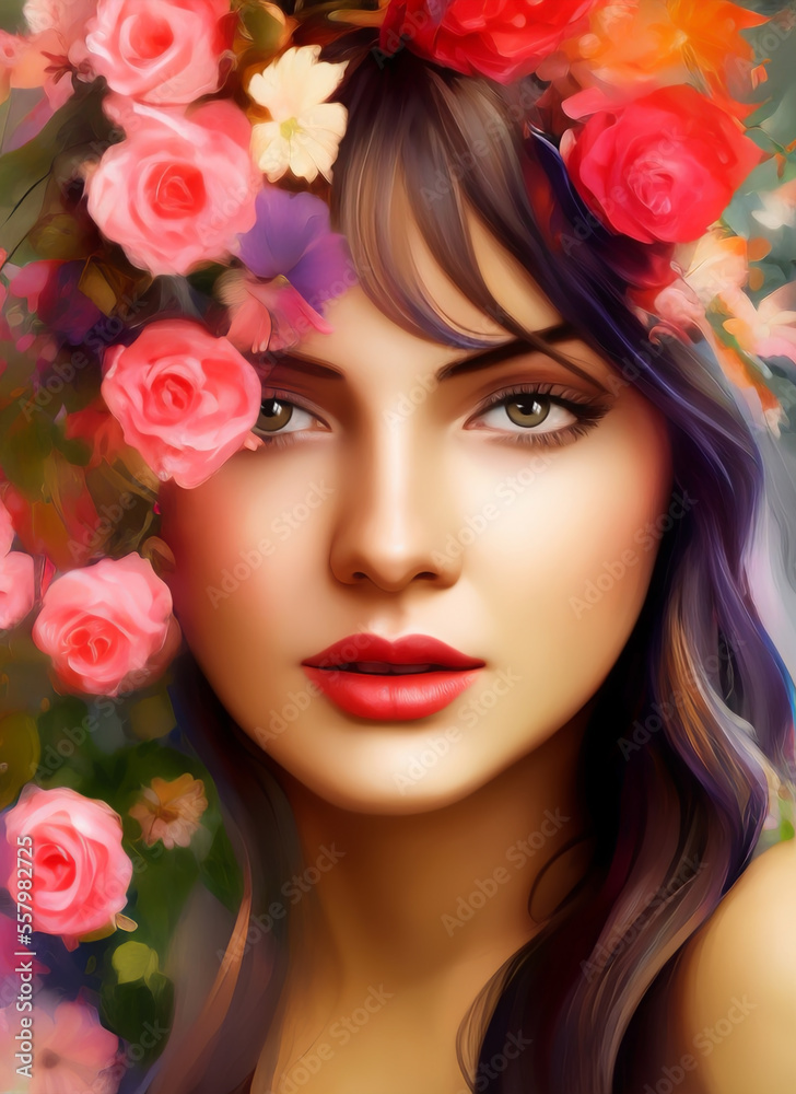 Portrait painting of a beautiful woman. Abstract Illustration of a beautiful girl. Beautiful woman painting. Generative AI