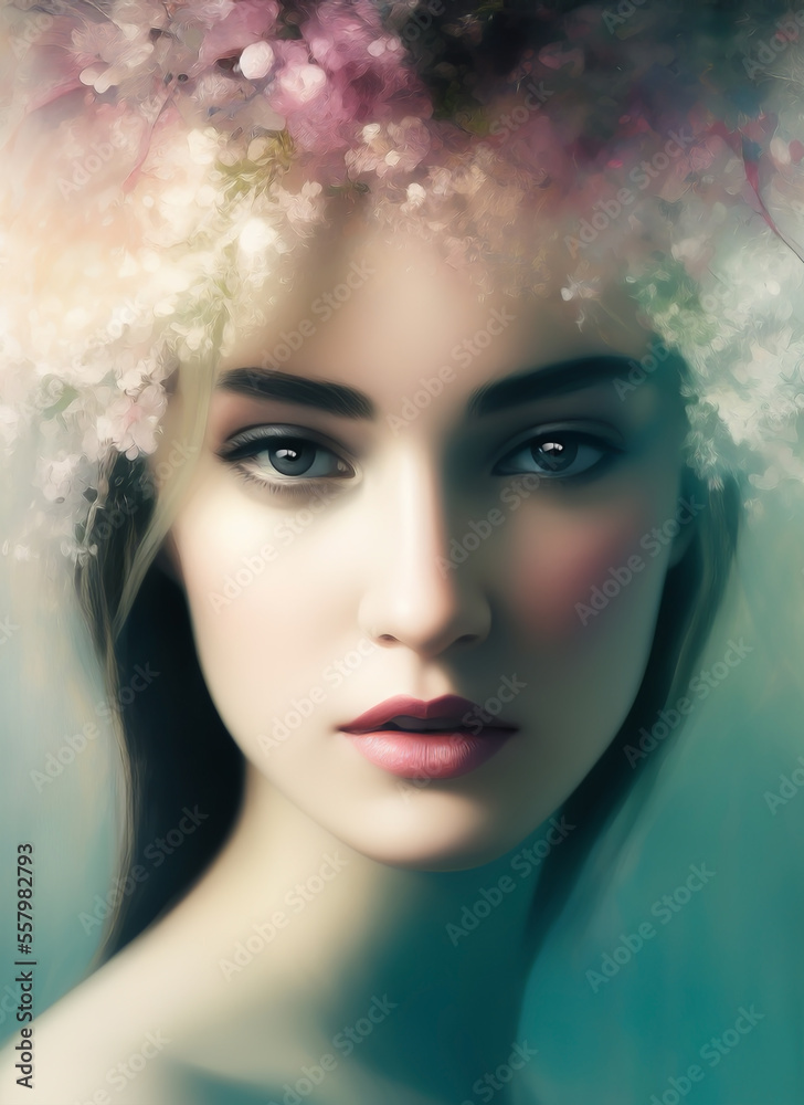 Fototapeta premium Portrait painting of a beautiful woman. Abstract Illustration of a beautiful girl. Beautiful woman painting. Generative AI