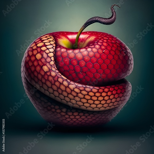 Beautiful red apple fruit in the shape of a snake. Apple skin as a snake skin. Generative AI illustration. Creative digital food art. photo