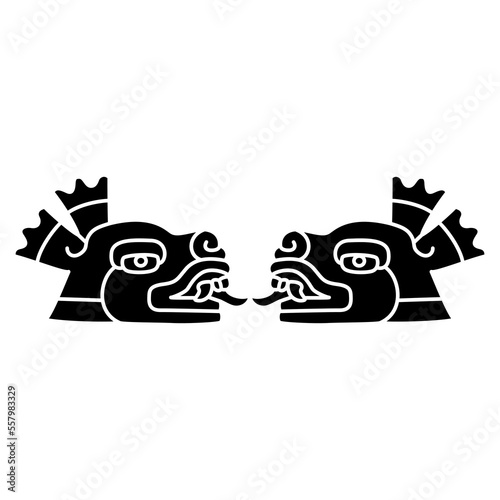 Symmetrical design with two stylized deer heads. Black and white negative silhouette. Native American art of Aztec Indians from Mexican codex. Isolated vector illustration. 