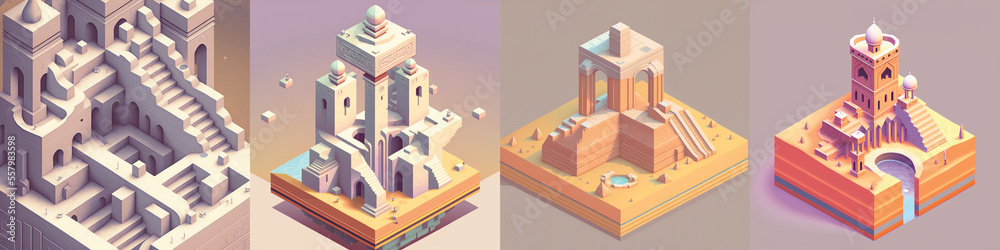 Group of 4 3D game design isometric islands concept render art in light colors and pastel gradients in a minimalist and modern style Group of 4 3D game design isometric islands concept render art in light colors and pastel gradients in a minimalist and modern style