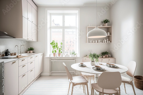 Warm pastel white and beige colors are used in the interior design of the spacious, cheerful studio apartment in the Scandinavian style. Modern touches in the kitchen and fashionable furniture in the © 2ragon
